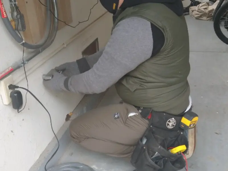Electrician performing outlet wiring in a Norton garage